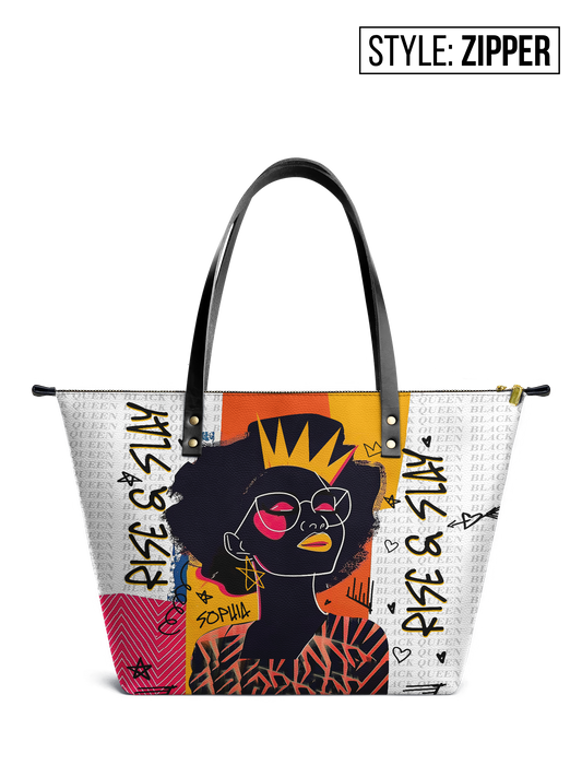 Rise & Slay - "Aina" White Graffiti Leather Tote Bag