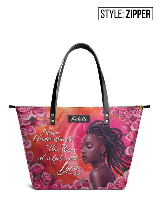 Never Underestimate The Power Of A Girl With Locs Leather Tote Bag