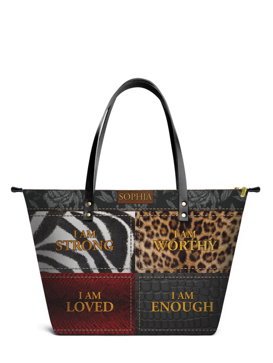 I Am Strong Leather Tote Bag